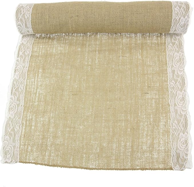 BambooMN Natural 17" x 180" Vintage Lace Burlap Table Runner for Rustic Wedding Bridal Shower Bachelorette Graduation Party Home Table Decor Decorations, 1 Piece by BambooMN