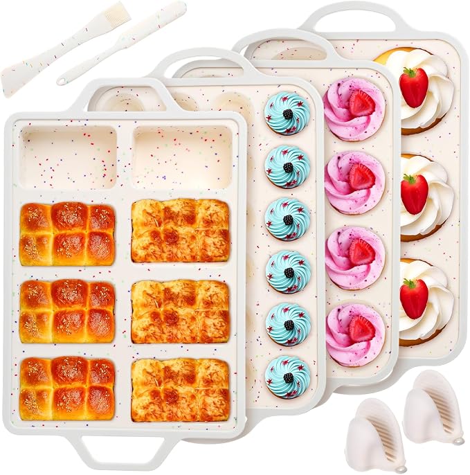 7 Pcs Silicone Baking Pan Set Nonstick Bakeware Set Include Loaf Muffin Mini Muffin and Round Pan, Spatula, Dual-head Pastry Brush Oven Mitts for Cupcakes Brownies Bread, Confetti Design by Yiyiring