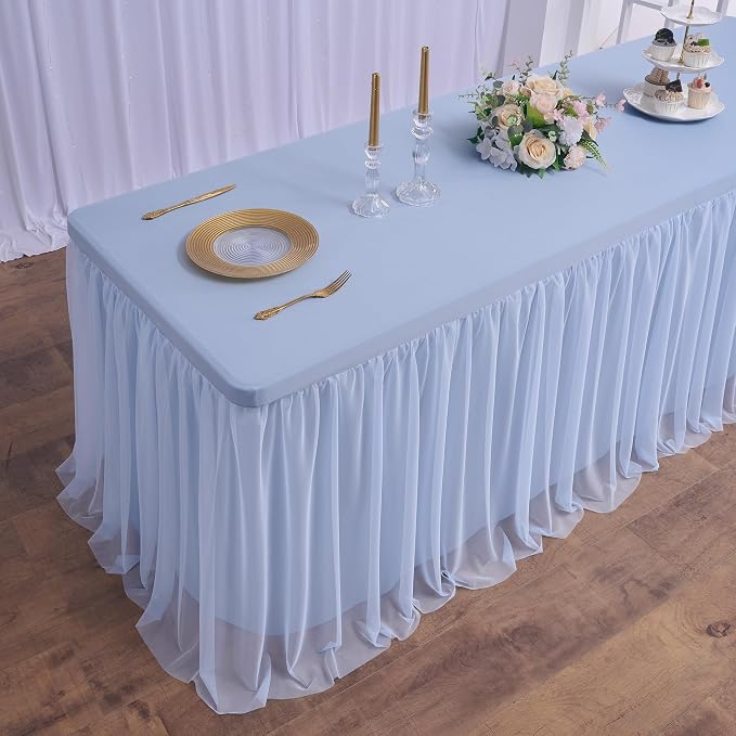 CO-AVE 2pack Dusty Blue Tulle Tablecloth for 8 Foot Rectangular Tables, 2-in-1 Elastic Stretch Spandex Cover with Tutu Ruffle Skirt, Wrinkle Free for Wedding, Birthday, Banquet, Buffet, Bridal Shower - Image 7