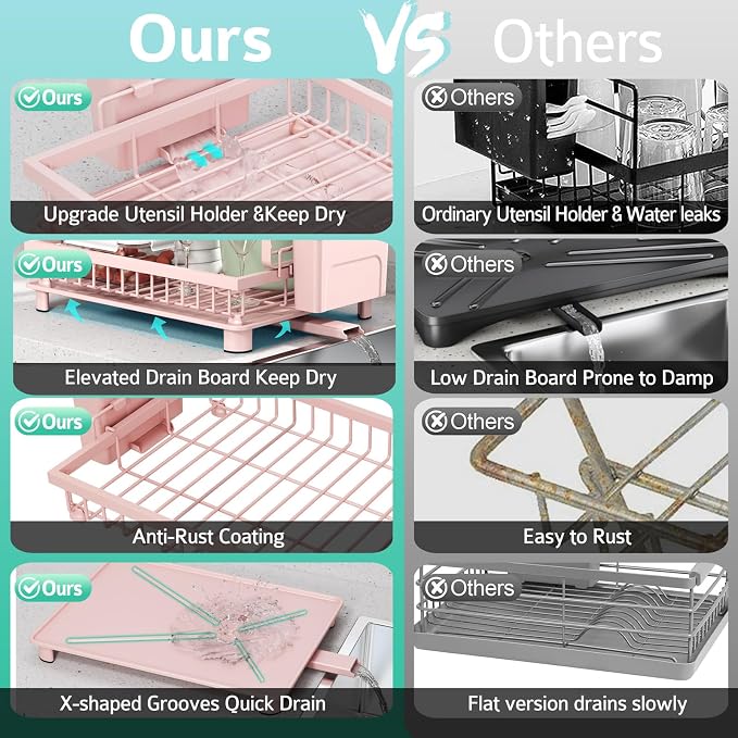 2-Tier Dish Drying Rack for Kitchen Counter, Space-Saving, Pink - Image 4