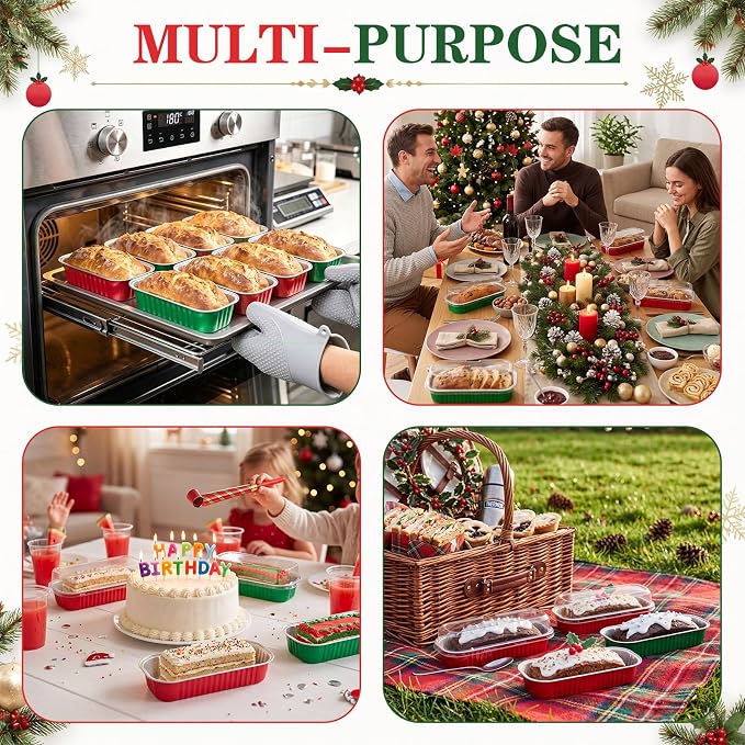 Qunclay 200 Pcs Aluminum Foil Mini Loaf Pans with Lids 6.8 oz Disposable Mini Cake Pan with Lid Rectangle Baking Cups for Party Muffin Cheesecake Ramekins (Red,Green) - Image 5