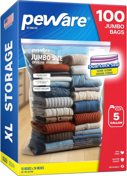 Large Storage Bags, 18"x24" Jumbo Plastic Bag, BPA Free, 5 Gallon XL Zipper Lock Baggies for Clothes Pillow Travel Moving - 100 Jumbo Bags