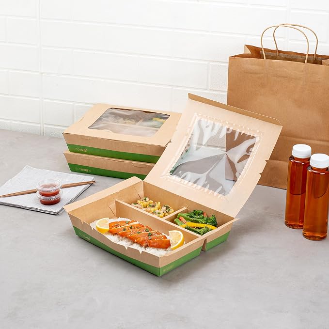 Restaurantware Paper Bento Box 100 Count 78 Ounces Paper Lunch Container Kraft Food Box, Greaseproof Disposable Three Compartment Meal Prep Box with Transparent PLA window - Image 8