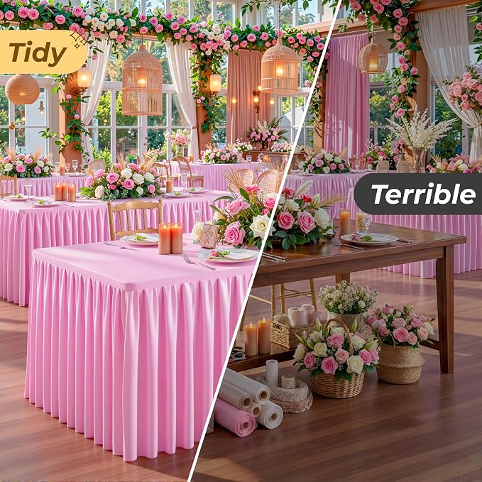 Pink Polyester Table Cloths for Rectangle 8 Foot Tables, 6 Pack Wrinkle Free Tablecloths Stretchy Banquet Ruffle Fitted Table Cover Desk Skirt for Parties Wedding Birthday Baby Shower - Image 6