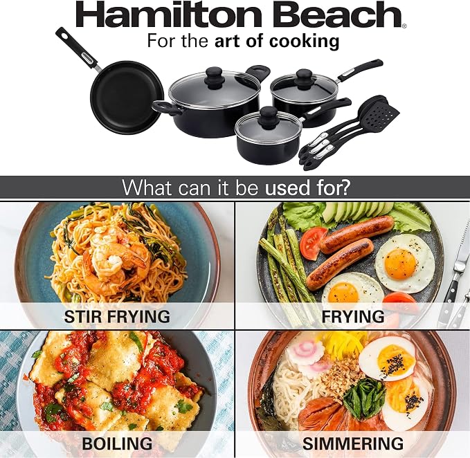 Hamilton Beach Aluminum Covered Cookware Set, Nonstick Saucepan Frypan, Dutch Oven with Soft Touch Bakelite Handle, | Spiral Bottom- Multipurpose Use | Durable & Dishwasher Safe |10pc, Black | - Image 5