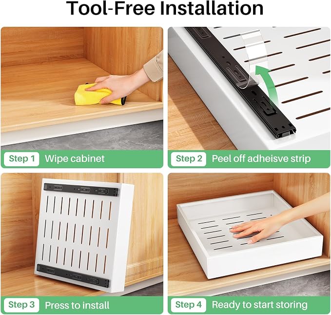 Pull out Cabinet Organizer,21"Deep, 20"Wide Heavy Duty Full-Extension Slide out Drawers Fixed with Nano Adhesive,Roll Out Shelves Sliding Cabinet for Kitchen,Bathroom,Pantry,under sink Storage(White) - Image 7