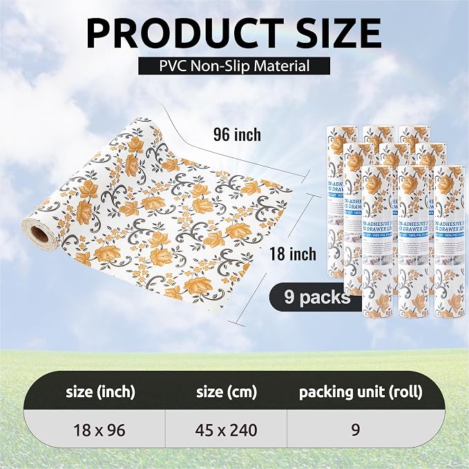FIFTY FEET 18X96 Inch Shelf Liner for Kitchen Cabinets, PVC Drawer Liner for Dresser Non-Slip Bathroom, Non-Adhesive Cabinet Liner Washable (Yellow Floral)(9 Roll) - Image 3