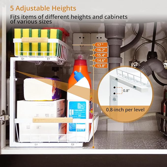 Under Sink Organizer 2 Pack, 2 Tier Pull Out Cabinet Organizers and Storage for Kitchen Bathroom Pantry Laundry, Adjustable Height, Slide Out Thickened Metal Storage Shelf (White, 2 Pack) - Image 5
