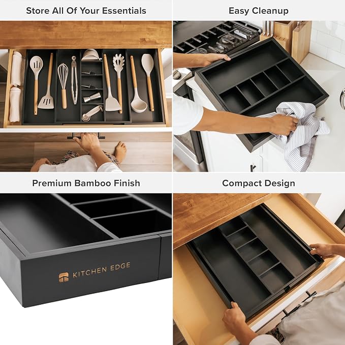 KitchenEdge Utensil & Junk Drawer Organizer, 16-28 in, Black Bamboo | Food-safe contract grade, 100% sustainable wood, non-slip, adjustable - Image 3