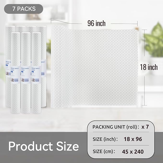 FIFTY FEET 18"x96" Non-Adhesive Shelf Liner for Kitchen Cabinets and Drawers, Washable Non-Slip PVC Cabinet Liner (White Circle)(7 Roll) - Image 5