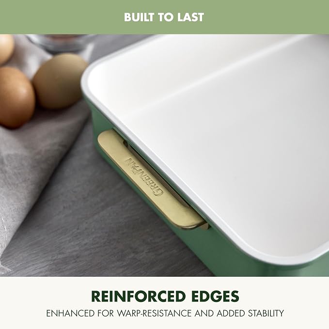 GreenPan Bakeware 13” x 9” Rectangular Cake Pan, Ceramic Nonstick Baking Pan, PFAS & BPA Free, Gold Handles, Durable Steel, Freezer to Oven Dish, Scratch Resistant, Bake & Roast Ovenware, Sage Green - Image 5