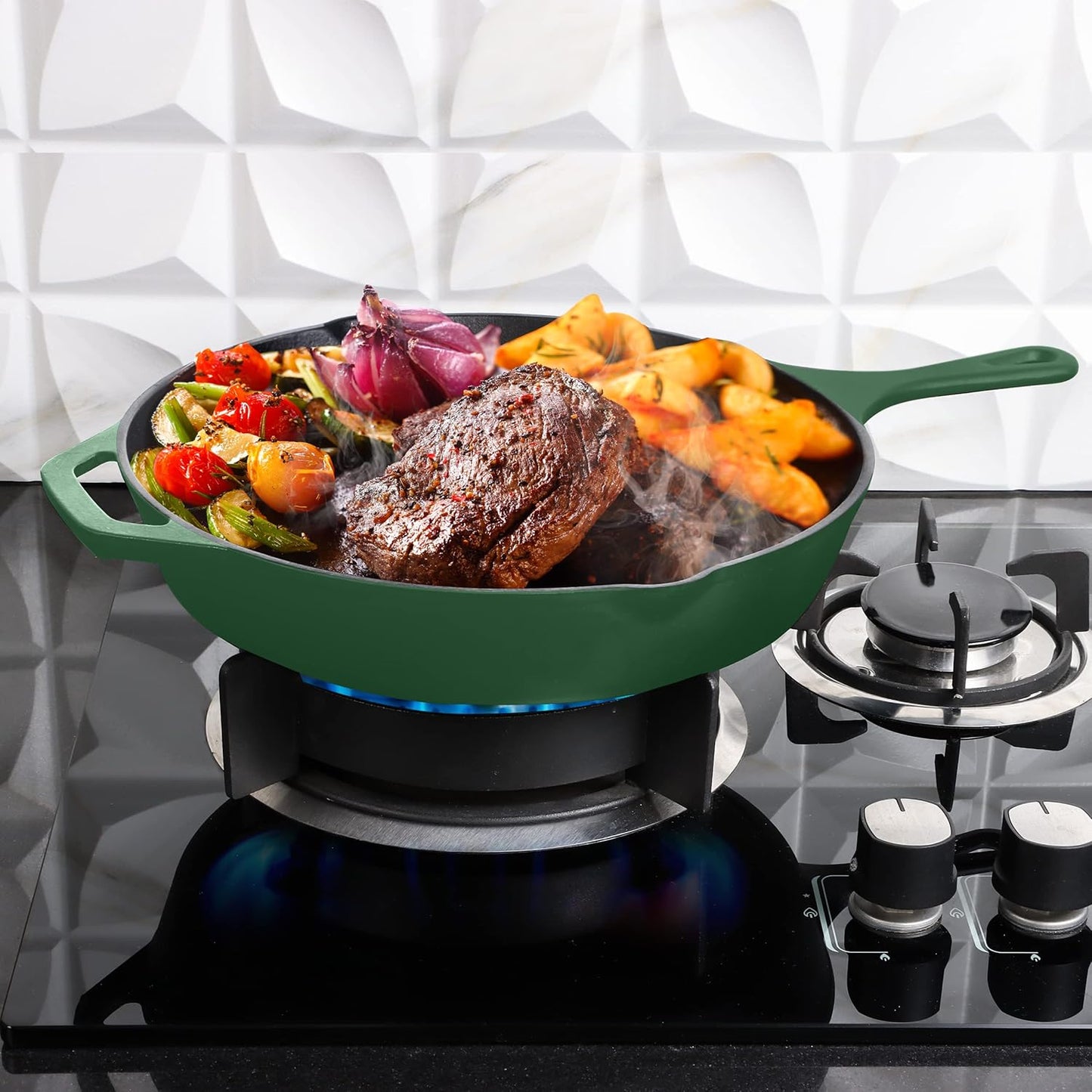 Utopia Kitchen Cast Iron Frying Pan 12.5 Inch, Cast Iron Chefs Pan, Pre Seasoned Skillet, Safe Grill Cookware for Indoor & Outdoor Use, Green