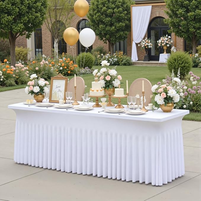 White Spandex Table Clothes for 8 Foot Rectangle Tables, Wrinkle Free Fitted Tablecloths Desk Skirt Stretchy Table Cloth Cover 8ft for Parties Weddings Birthday Banquet Baby Shower by Htper