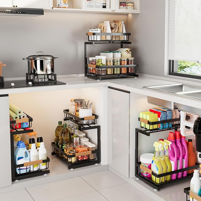 ADBIU Under Sink Organizer, 2 Pack 2 Tier Expandable Height (13.2" - 17.2") Pull out Kitchen Bathroom Cabinet Organizers and Storage Shelf - Image 9