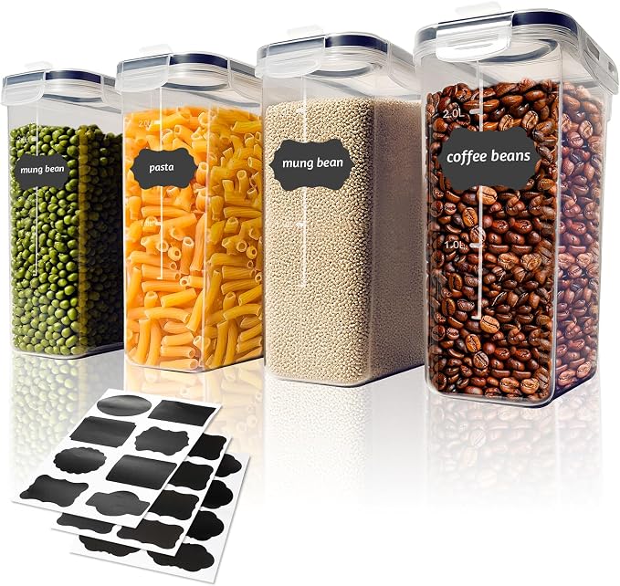 Airtight Food Containers, 4L Kitchen Storage Box, Pack of 4, Sealed Plastic Food Jars with Lids for Storing Cereal Pasta Flour Pets by Romon