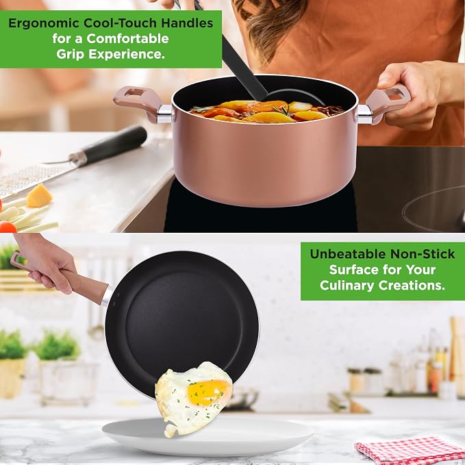 NutriChef 13 Pcs. Nonstick Kitchen Cookware PFOA/PFOS-Free Heat Resistant Kitchenware Set w/Saucepan, Frying Pans, Cooking Pots, Casserole, Lids, & Utensils, Brown, NCCWA13BR - Image 4