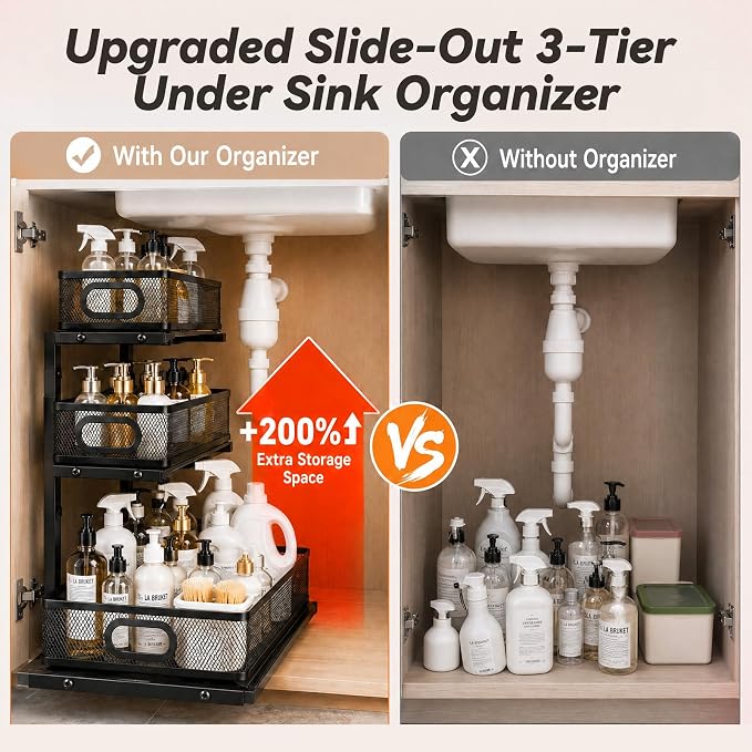 3-Tier Under Sink Organizer 2-Pack Organization for Bathroom Kitchen,Black - Image 2