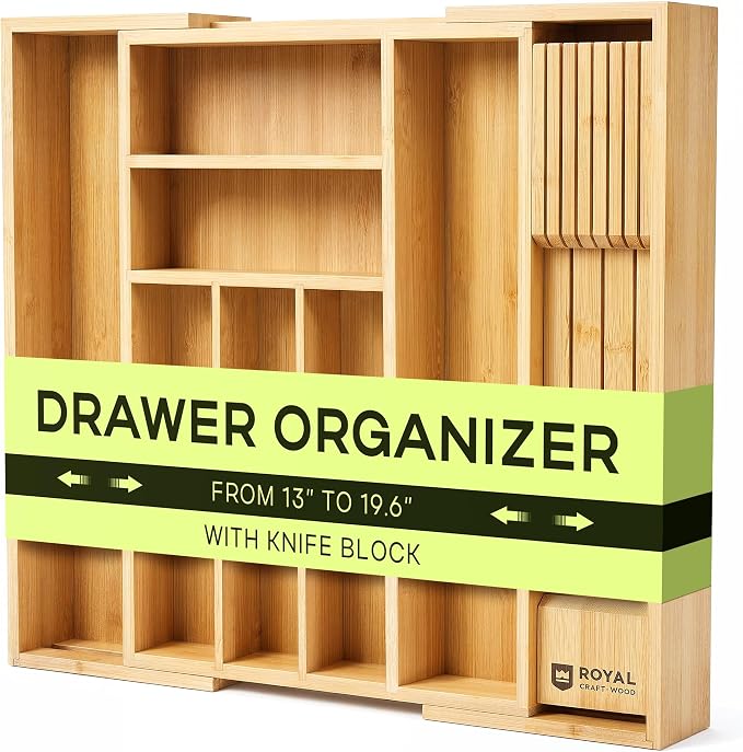 Drawer Organizer for Kitchen Organization – Expandable Bamboo Silverware Drawer Organizer with Removable Knife Block, Bamboo Cutlery, Non-Slip Utensil Organizer with 7-Slot Knife Storage for Flatware by ROYALCRAFTWOOD