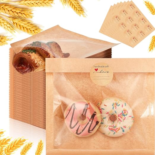 Outus 50 Pcs Cookie Packaging Bags with Seal, 7.1 x 7.5 Inch, Brown | Bakery Pastry Bags with Window, Heat Sealable Grease Resistant Paper to Go Bake Sleeves for Gift Giving Donut Bread Sandwich by Outus