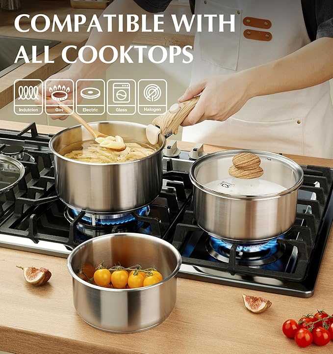 KOCH SYSTEME CS 18/10 Stainless Steel Saucepan Set Removable Handle, 1.5QT & 2QT & 3QT Sauce Pan with Lids, 6pcs Sauce Pot Detachable Handle, Induction Ready, Camping Cookware Set, Unique Gifts - Image 3