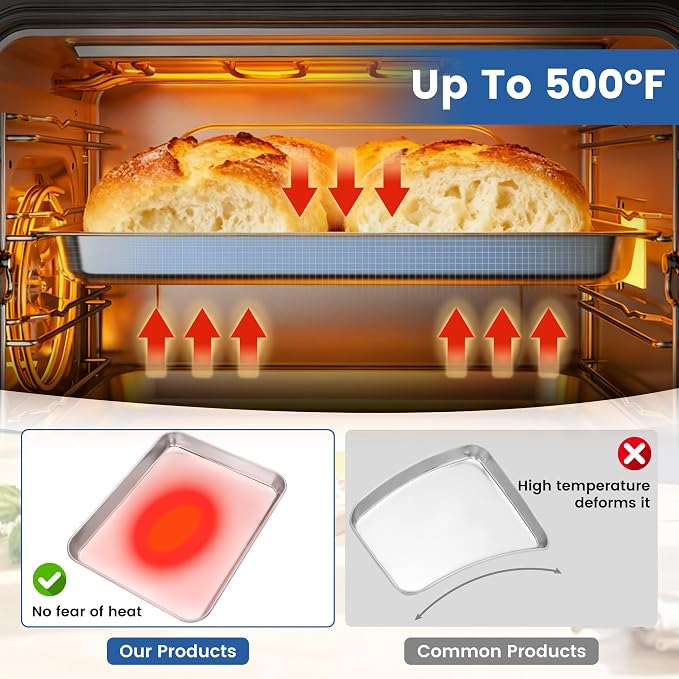 BIEAMA 6 Pack Stainless Steel Toaster Oven Baking Sheets, 16 x 12 in | Stainless steel pans with no chemical coating, mirror-polished finish and rolled edges; dishwasher safe, oven safe to 500°F. - Image 8