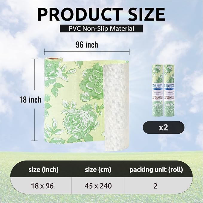 FIFTY FEET 18X96 Inch Shelf Liner for Kitchen Cabinets, PVC Drawer Liner for Dresser Non-Slip Bathroom, Non-Adhesive Cabinet Liner Washable (Green Flower)(2 Roll) - Image 3