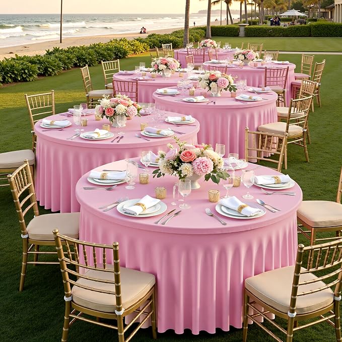 8 Pack Baby Pink Spandex Round Tablecloths for 72 inch Table, Wrinkle Free 132inch Stretchy Fitted 6FT Round Table Cloths Cover with Skirt for Wedding Party Dining Banquet Events - Image 5