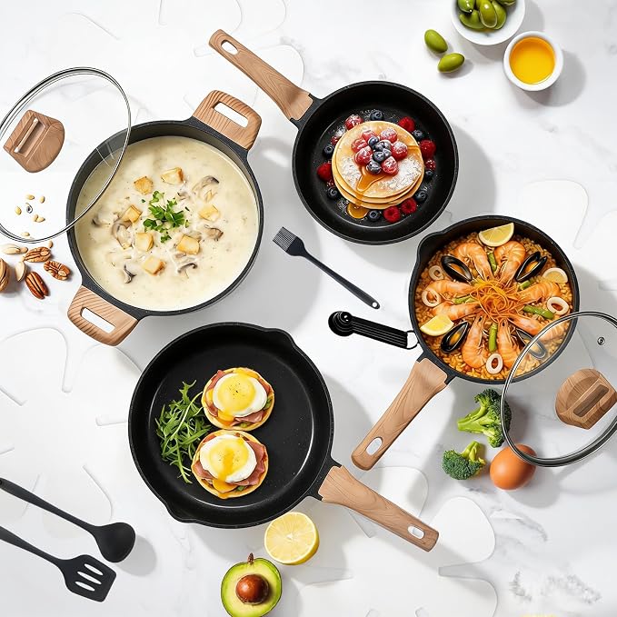 NEWBULIG 25-Piece Nonstick Cookware Set, Granite Coating, Induction, Black - Image 7