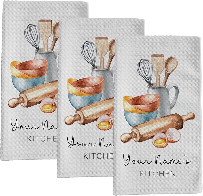 Personalized Kitchen Towel | Custom Tea Towel | Watercolor Utensil Dish Towel | Kitchen Decor | Hand Towel Gift Set | Waffle Weave Dishcloth (Pack of 3 Towels, Design 2) by Handmade