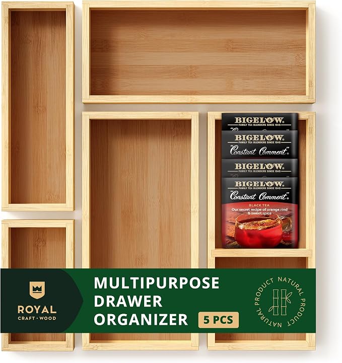 ROYAL CRAFT WOOD Adjustable Bamboo Drawer Dividers Organizers (17-22") - Multipurpose Storage Boxes 5 pcs - Image 3