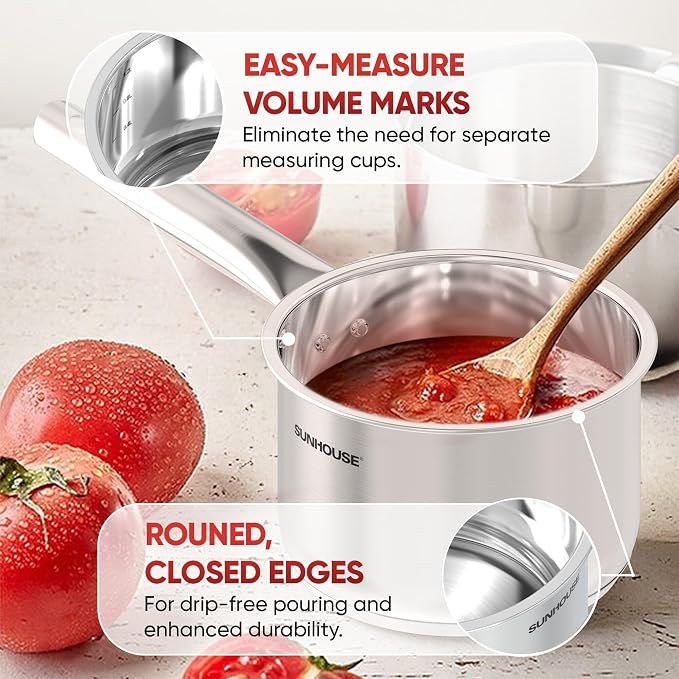 Sunhouse: Stainless Steel Saucepan - Classic: 1.5 Quart - Tempered Glass Lid, 3-Ply Bottom, Round-Edge Cookware Pot, All Cooktop-Oven-Dishwasher Safe - Image 4
