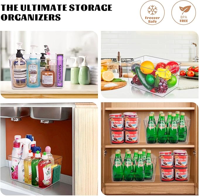 Set of 8 Pantry Organizers and Storage, Clear Plastic Bins(4L+4S) | BPA-free PETG storage containers with handles, ideal for kitchen, fridge, bathroom, cabinet, office, and dorm organization - Image 8