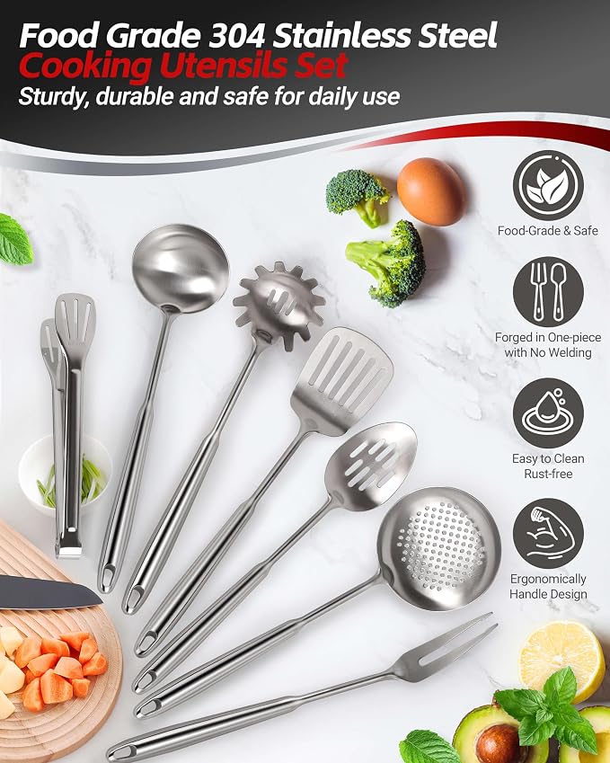 304 Stainless Steel Kitchen Utensils Set, 15PCS All Metal Cooking Tools Set with Whisk, Turner, Tongs, Ladle & Masher, Heavy Duty Dishwasher Safe Kitchen Gadget Set for Home & Professional Cooking - Image 4