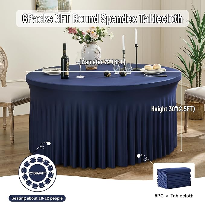leegleri 6 Pack Spandex 72Inch Navy Blue Round Tablecloths, Stretchy 72inch Fitted 6FT Round Table Cloths, Wrinkle Free Skirt for Wedding Birthday Party Bridal Shower Banquet - Image 6