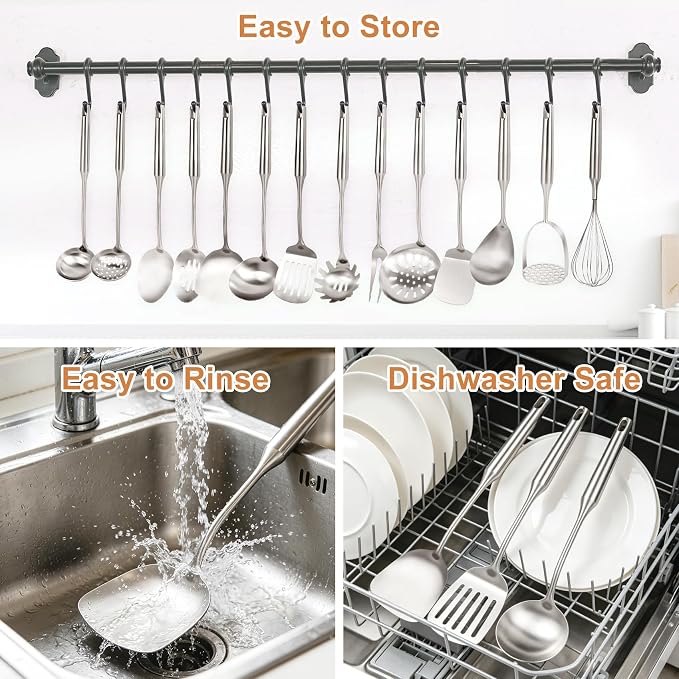 304 Stainless Steel Cooking Utensils Set, 16 Pcs Kitchen Utensils Set Cookware, High-heat resistance Kitchen Tool Set for Hanging Dishwasher Safe (16, silver) - Image 3