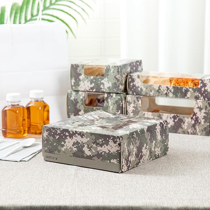 Restaurantware-Cater Tek 9 x 9 x 3.5 Inch Cake Boxes, 50 Take Out Containers - Display Window, Pop-Up Handles, Camouflage Paper Pastry Boxes, Grease Impermeable, Shipped Flat - Image 10