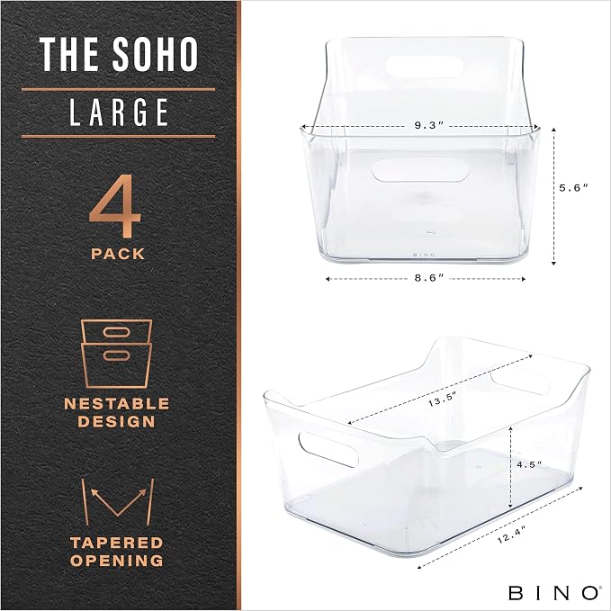 BINO | Plastic Organizer Bins, Large - 4 Pack | THE SOHO COLLECTION | Multi-Use Organizer Bins | Pantry Organizer & Freezer Organizer Bins | Plastic Storage Containers | Bins for Home & Kitchen Org - Image 2