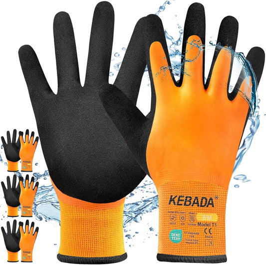 Kebada T1 3 Pairs Waterproof Winter Work Gloves for Men and Women, Warm Work Gloves for Cold Weather, Thermal Insulated Freezer Gloves, 100% Latex Coating & Super Grip, Unisex, XX-Large