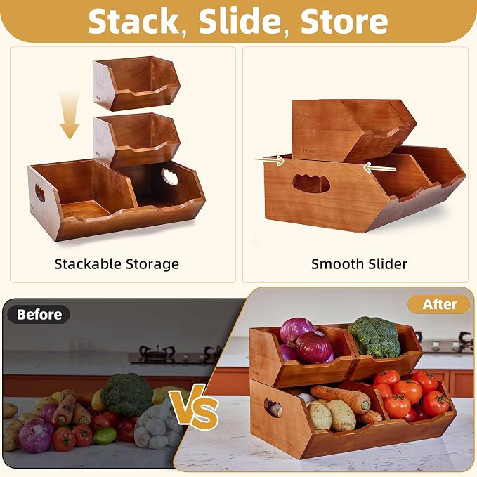 HYPIGO Large Capacity Potato and Onion Storage Bins | Stackable Wood Pantry Storage Baskets, Kitchen Pantry Organizers for Vegetables, Bread, Spices, Set of 3 - Image 3