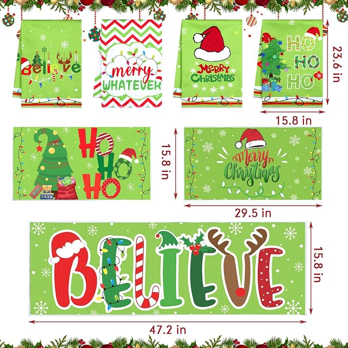 Breling 7 Pcs Lime Green Christmas Kitchen Rug and Towel Set Bathroom Decor Mat Absorbent Dish Hand Towel Xmas Kitchen Decoration Farmhouse Gift - Image 5