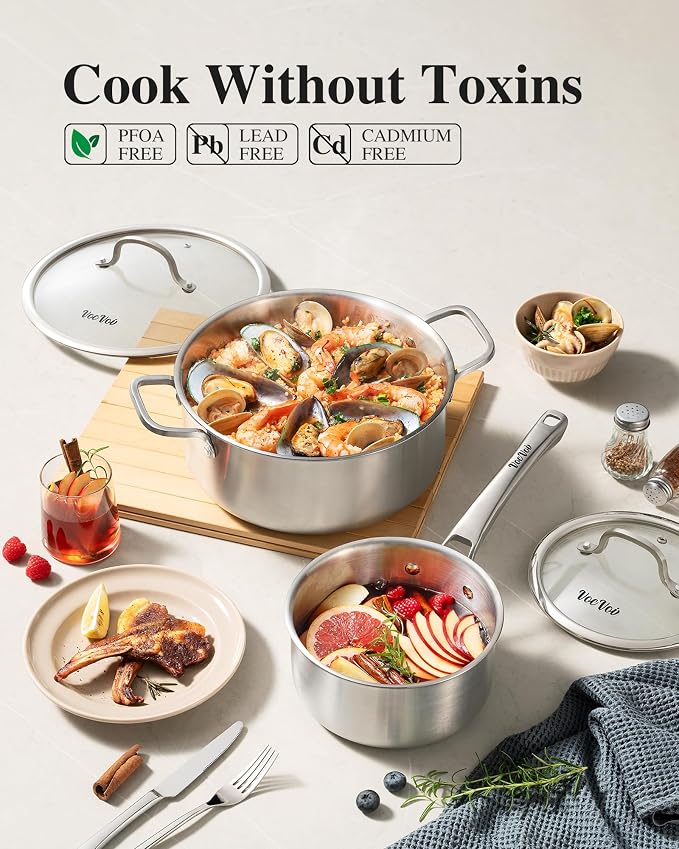 Stainless Steel Cookware Set,Tir-Ply Pots and Pans Set,13 Pcs Stainless Steel Induction Kitchen Cookware Sets,PFOA Free, Frying Pans, Butter warmer,Saute Pan & Stock Pot,Compatible with All Cooktops - Image 2