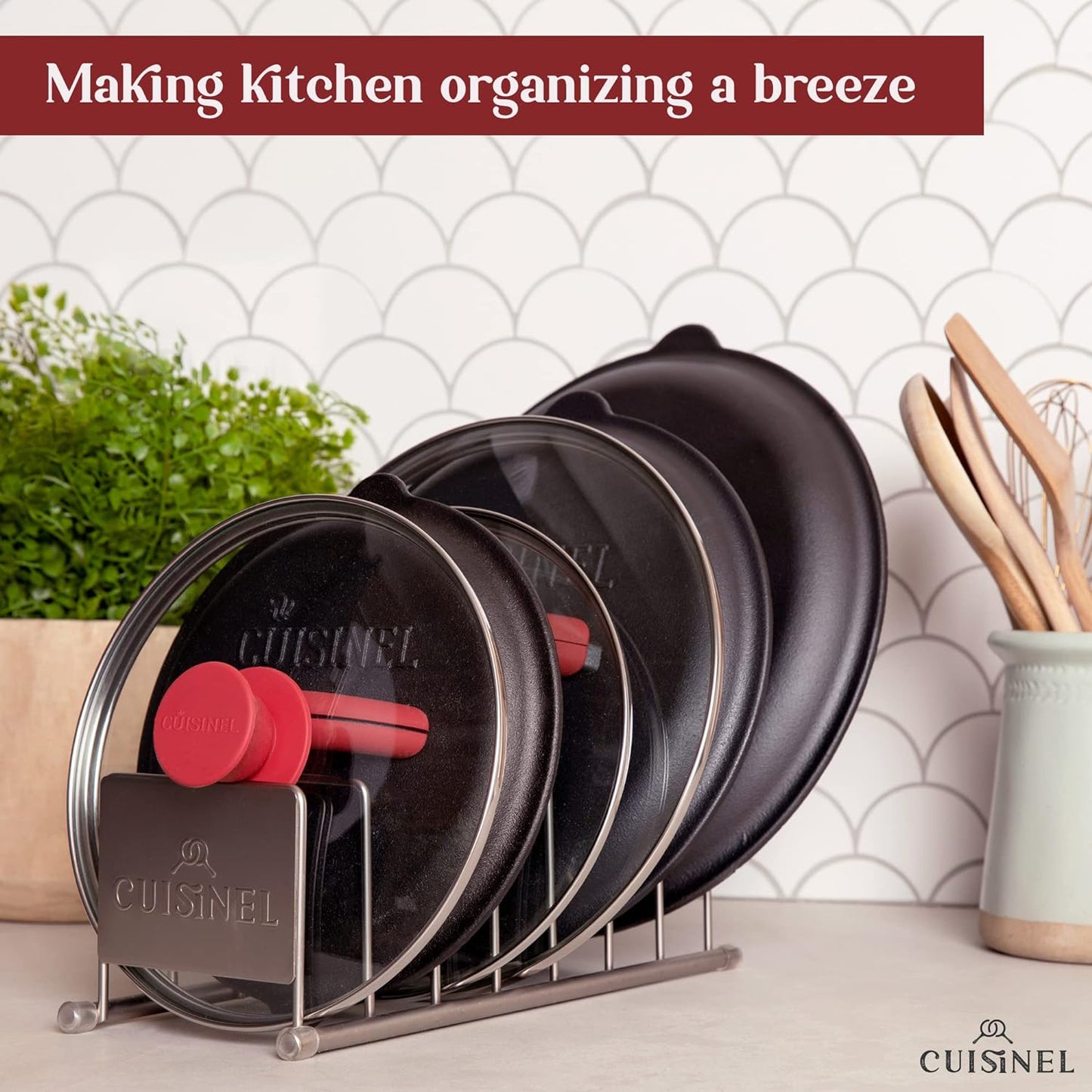 Cuisinel Lid and Dish Organizer Rack - 2-Pack Satin Nickel Kitchen Storage Organization Stand - Plate Holder, Pan/Pot Covers, Cutting Board and Cookie Sheet Divider - 7-Tier Cabinet/Counter Display