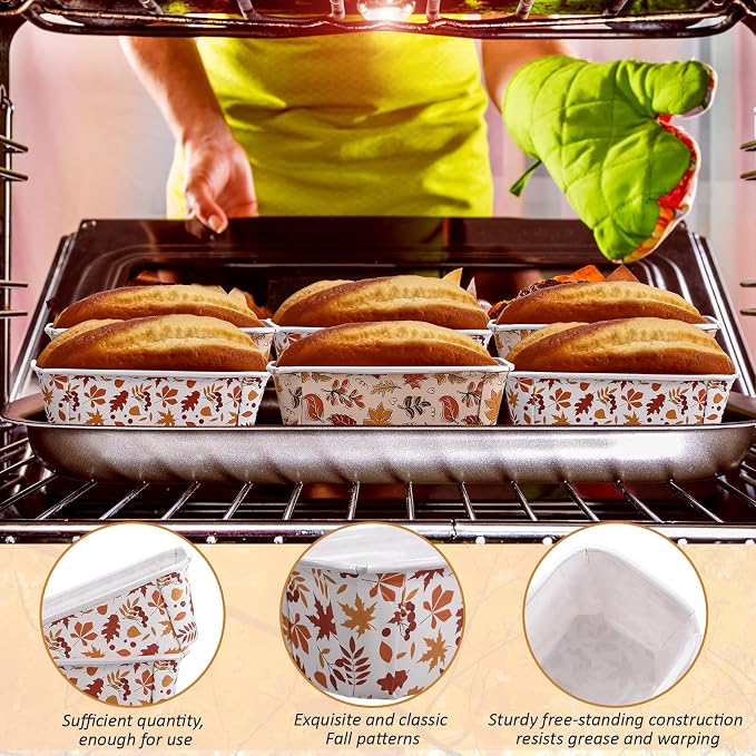Hushee 50 Sets Fall Paper Loaf Pan 6.3 x 2.2 x 2.2 Inch Disposable Cake Pan Liners with Clear Plastic Bags and Ties Rectangle Paper Baking Mold for Thanksgiving Autumn Bread Cake Bakery (Leaves) - Image 3