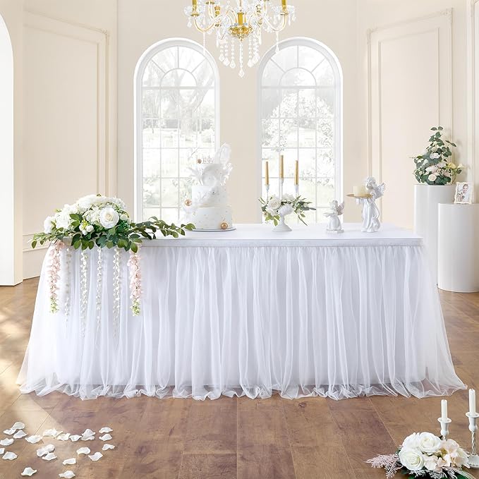 204in White Tulle Table Skirts for Rectangle Tables 6ft 8ft, 2-Layer Gold Grim Ruffle Tulle Tutu Cloth Table Skirt 17ft Long for Wedding Birthday Party Baby Shower Cake Dessert Tables(No Table Cover) by ENJOYYOURPARTY