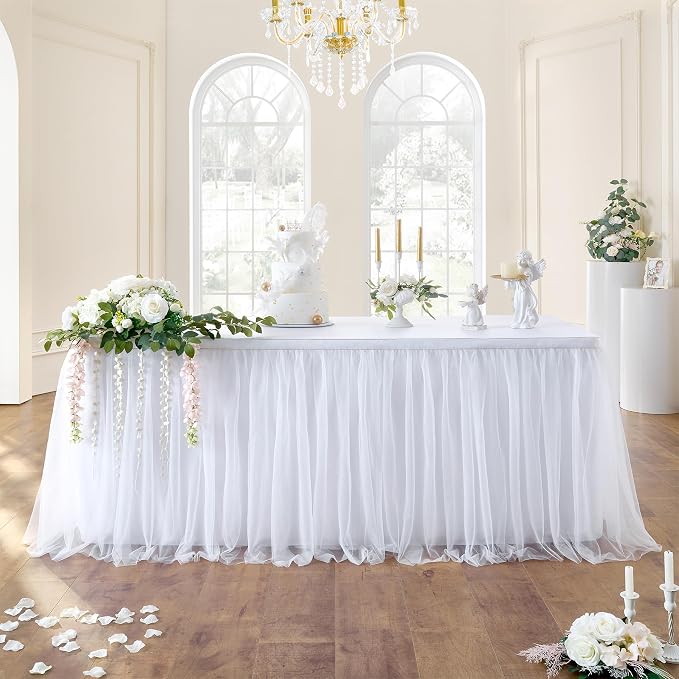 167in White Tulle Table Skirts for Rectangle Tables 6ft 8ft, 2-Layer Gold Grim Ruffle Tulle Tutu Cloth Table Skirt 14ft Long for Wedding Birthday Party Baby Shower Cake Dessert Tables(No Table Cover) by ENJOYYOURPARTY