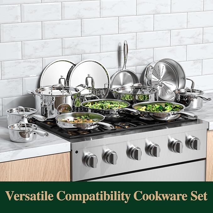 Umite Chef 17Pcs 5 Ply Clad Stainless Steel Cookware Set with Lids, Heavy Duty Pots and Pans Kitchen Set, Induction-Ready, Dual Aluminum Core for Even Heat, Cool Grip Handles, Dishwasher Safe - Image 7