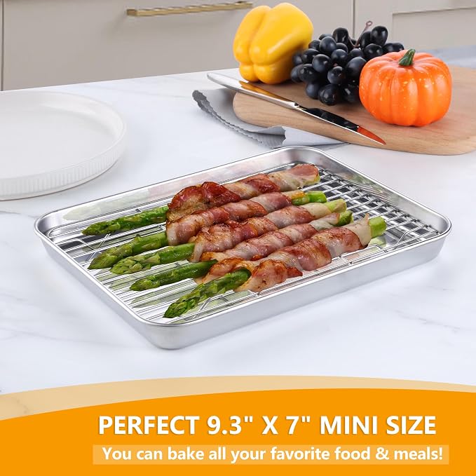 Homikit Mini Baking Sheet with Wire Rack for Toaster Oven (2 Pans+2 Racks) | 9x7 Inch Stainless Steel Baking Sheets with Cooling Racks Set, Small Cookie Pans Nonstick, Metal Bacon Tray, Dishwasher Safe - Image 4