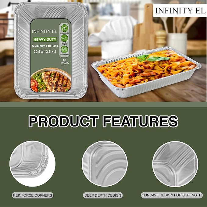 INFINITY EL 10 Pack Aluminum Pans, Disposable Foil Pans, Full Size-Shallow | Heavy-Duty Foil Pans 20.5" x 12.5" x 2", Serving Trays for Roasting Turkey, Lasagna, Christmas & Parties, Freezer & Oven Safe - Image 4