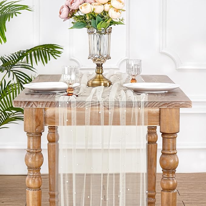 Pearl Beige Gauze Table Runner 120 Inch 10FT Seasonal Sheer Dining - Image 4