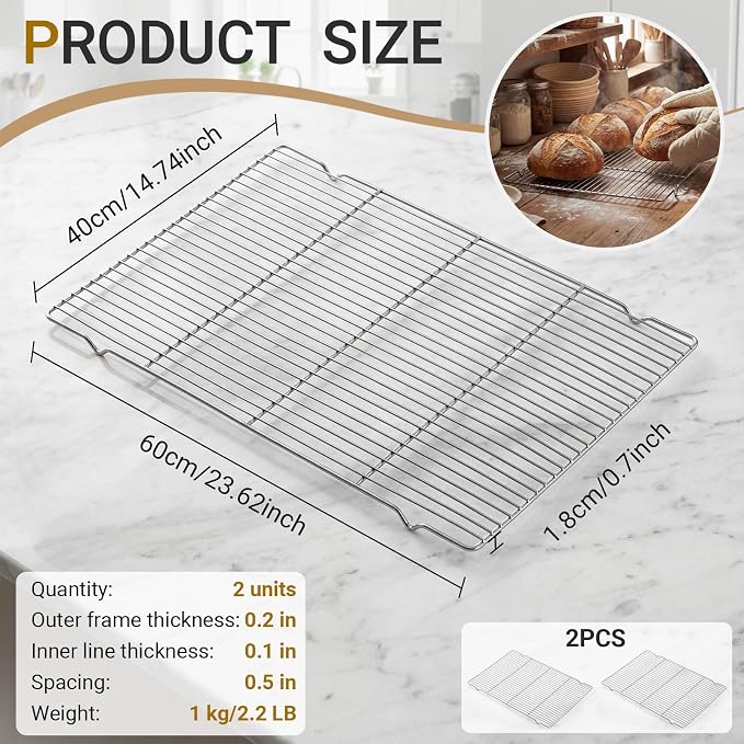 Lounsweer 2 Pack Cooling Racks, 24L x 16W x 1H Stainless Steel Wire Rack for Baking Sheet, Large Cookie Cooling Rack, Oven Safe Cooking Racks for Sheet Pan, Dishwasher Safe, Full Size - Image 2